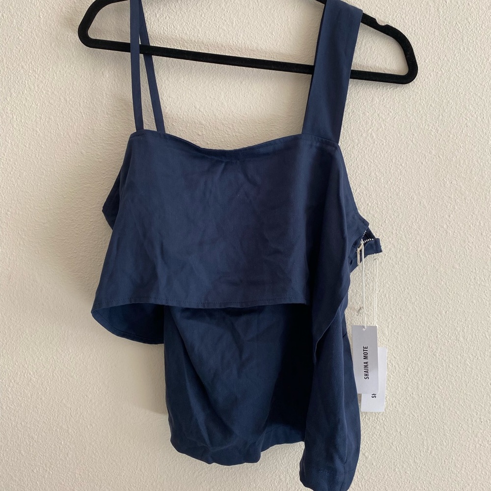 SHAINA MOTE one shoulder crisscross back sleeveless top in Navy